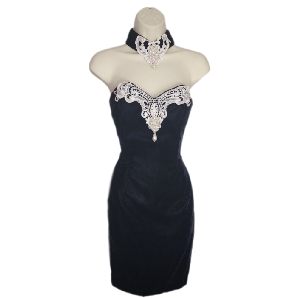 Scott McClintock Dress Vintage Velvet Faux Pearl And Lace Choker Black Size 4 - Picture 5 of 14